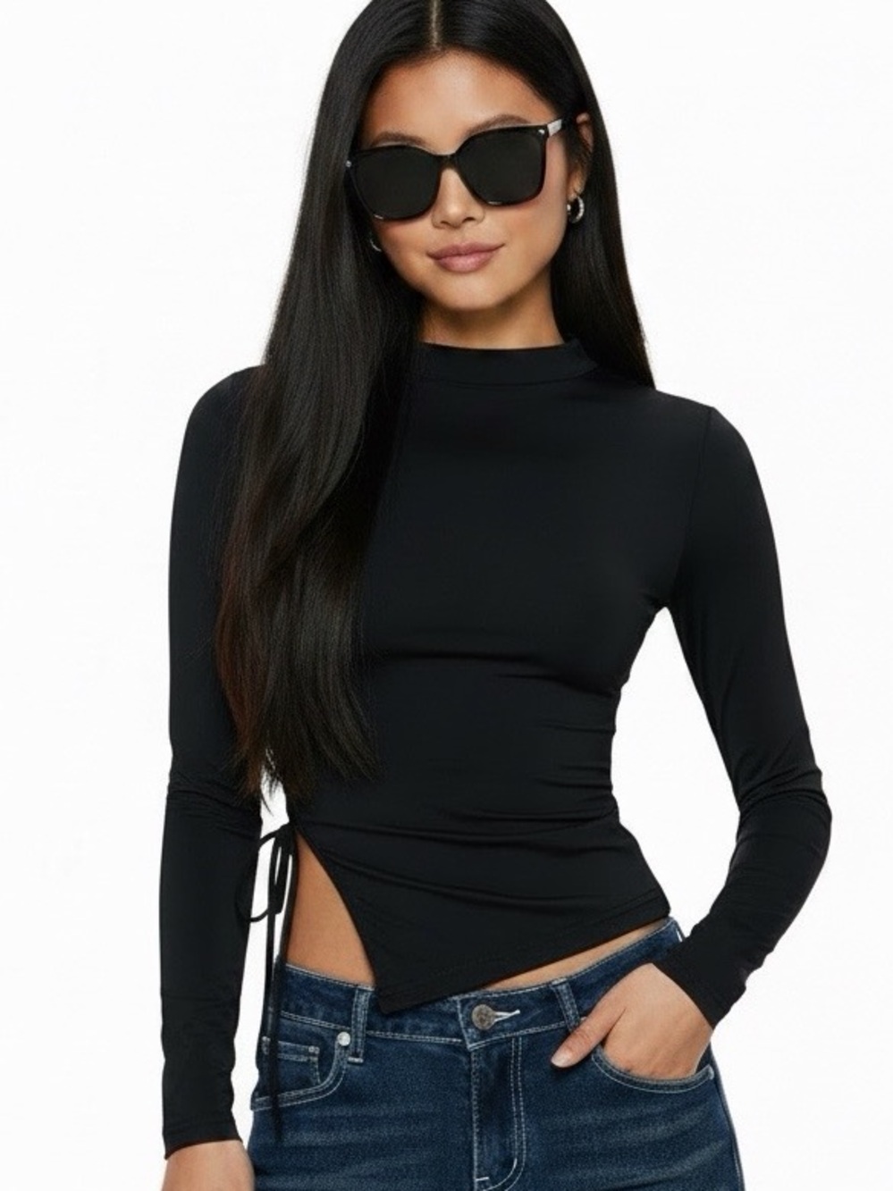 Princess Polly Solarah Black Long-Sleeve Side Tie Slim Top